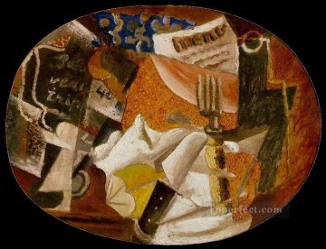 Artworks by 350 Famous Artists Painting - Knife fork menu bottle ham 1914 cubism Pablo Picasso